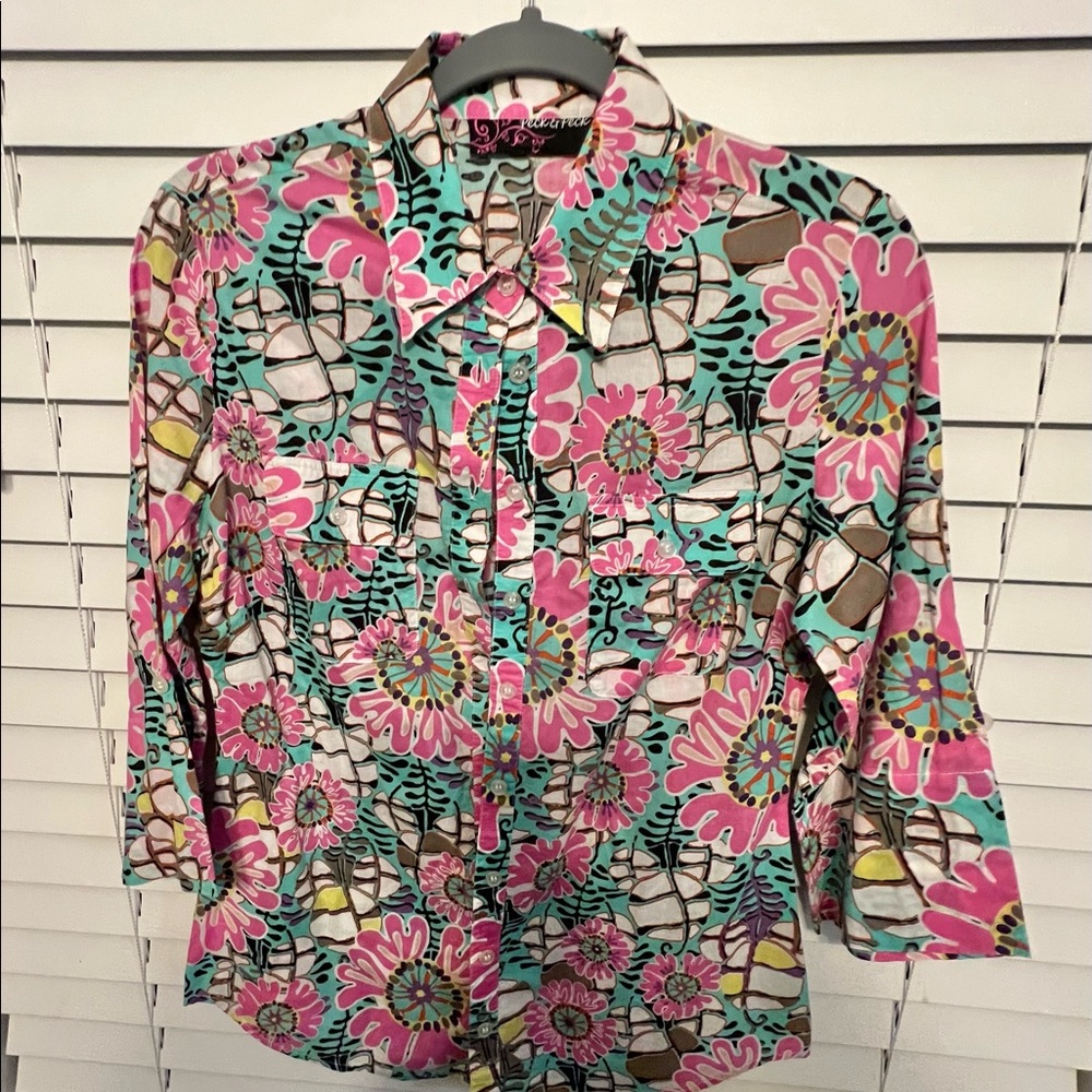 Colorful lightweight button up blouse
